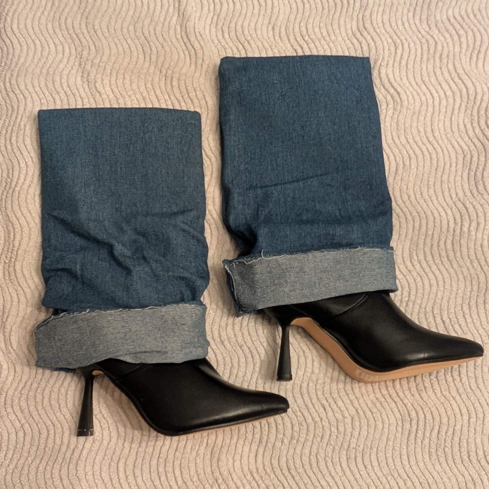 Chic Denim and Black Heeled Boots